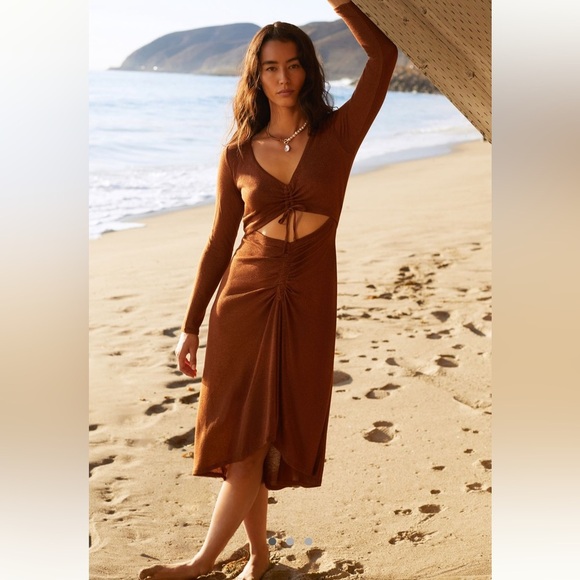 L Space ruched shimmer midi dress in spice - Picture 1 of 9